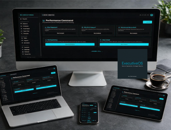 ExecutiveOS dashboard shown across desktop, laptop, tablet, and mobile